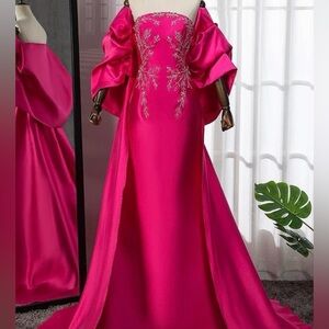 Elegant Fuchsia Evening Dress with Silver and Pink Embroidery